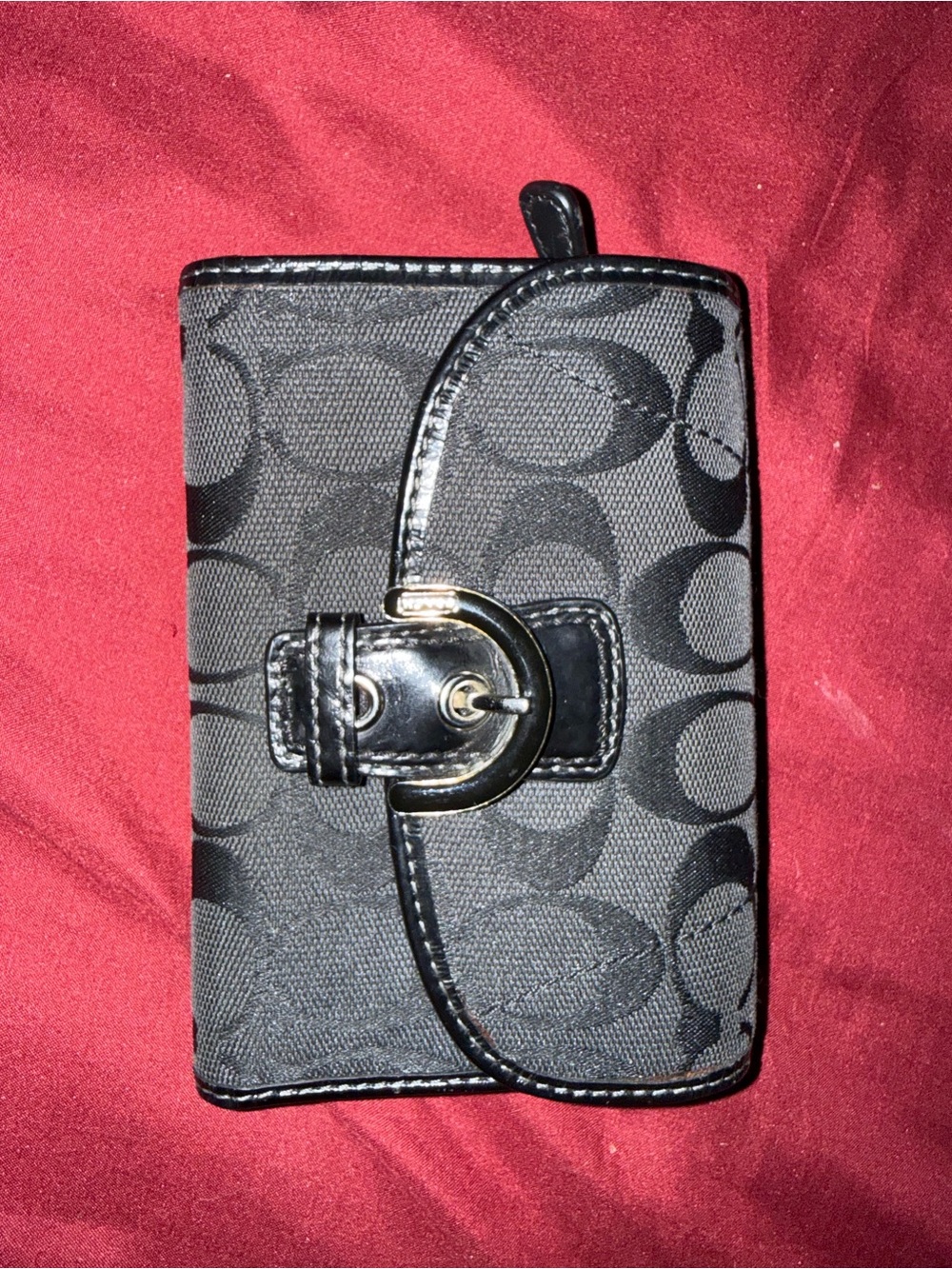 Coach Black Signature Canvas Compact Key Wallet with Buckle